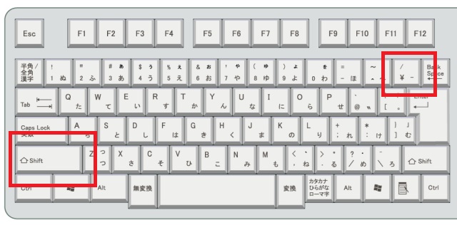 「Shift」、「¥」キーの位置