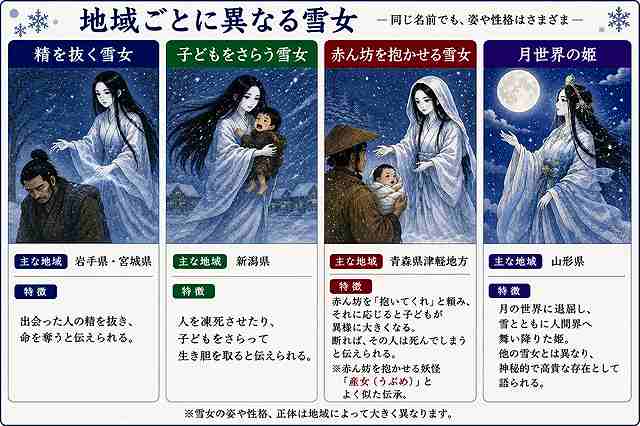 地域ごとに異なる雪女の比較図